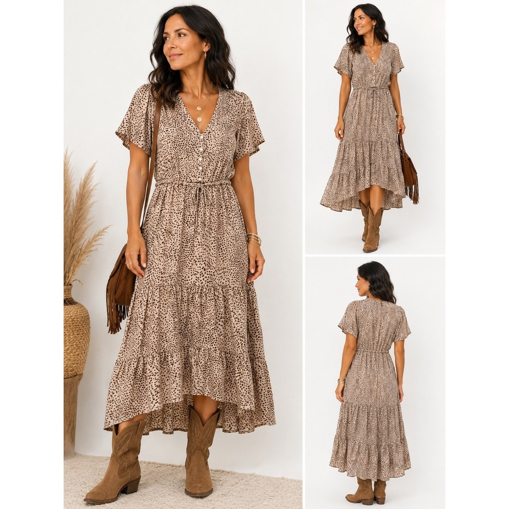 PRETTYGARDEN Midi Dress S Leopard Print V-Neck High-Low Tiered Flutter Sleeve